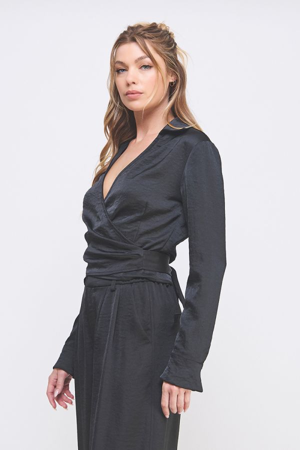 Crinkle Satin Tie Wrap Shirt Set