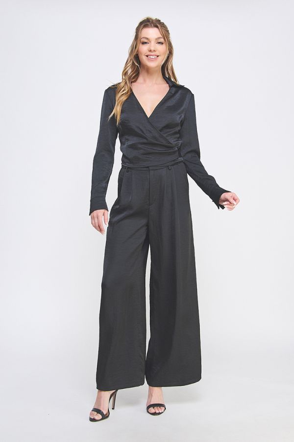 Crinkle Satin Tie Wrap Shirt Set