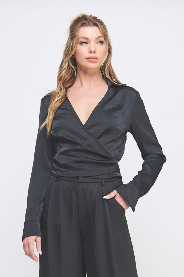 Crinkle Satin Tie Wrap Shirt Set