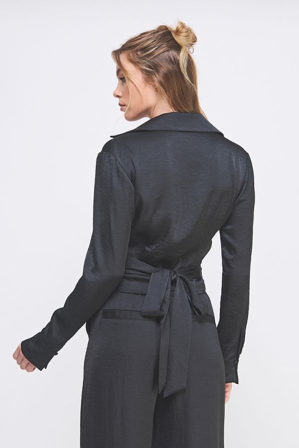 Crinkle Satin Tie Wrap Shirt Set