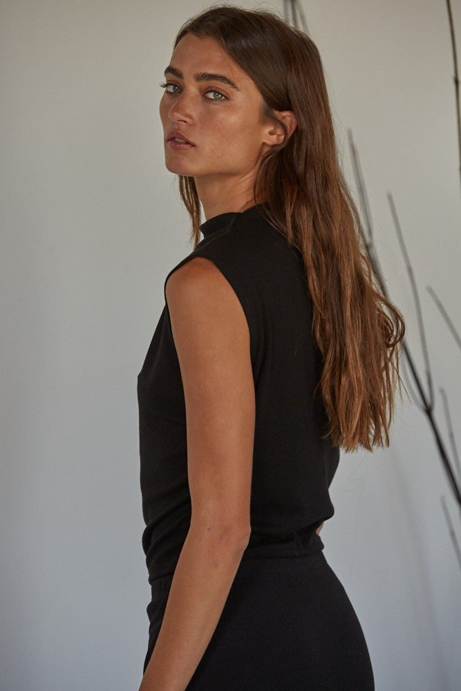 Knit Jersey Mock Neck Top and Skirt Set - Black