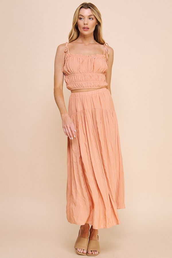 Coral Crinkle Maxi Skirt Set