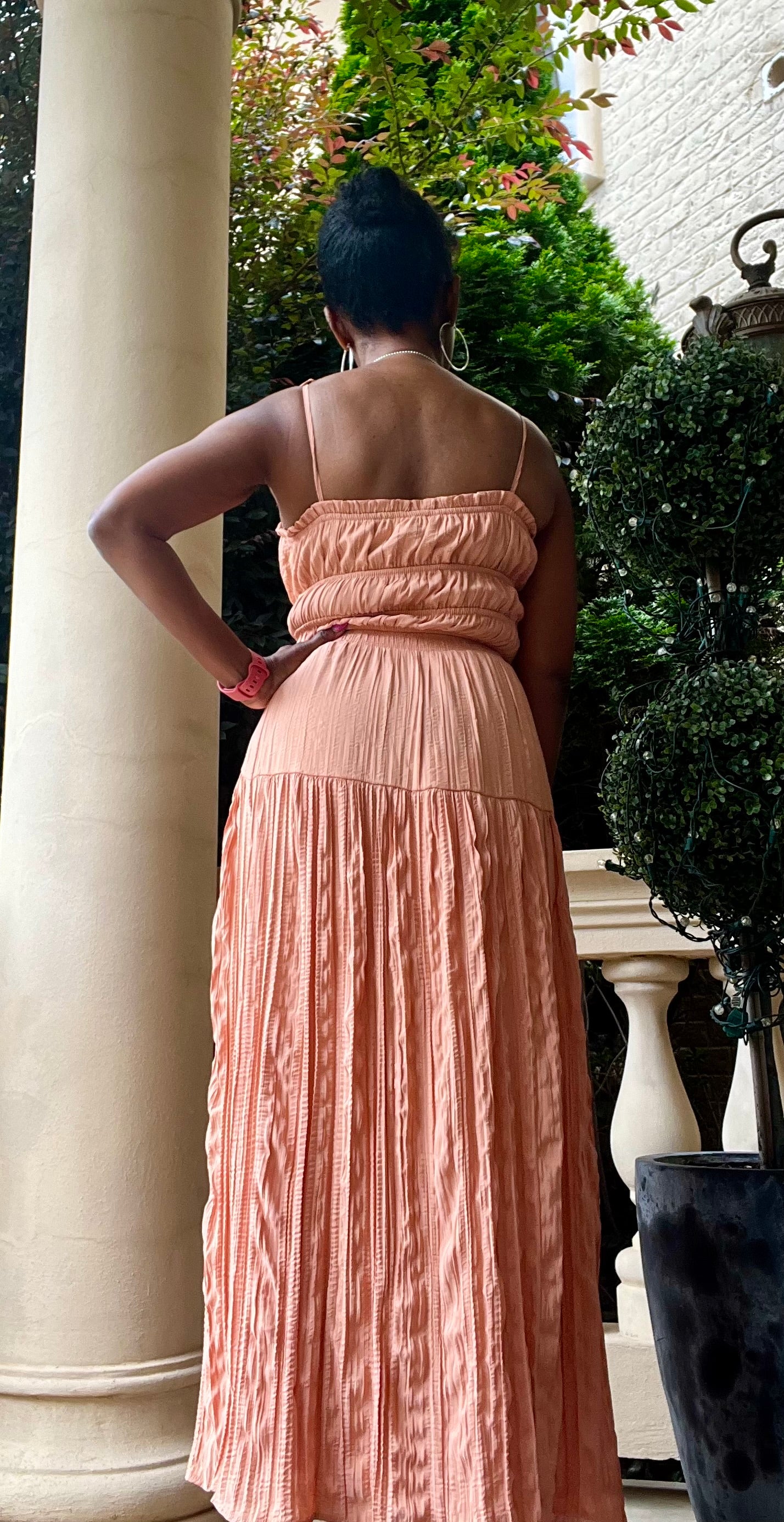 Coral Crinkle Maxi Skirt Set