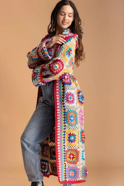 Crochet Wool Hooded Kimono - Beige/Multi - Handmade