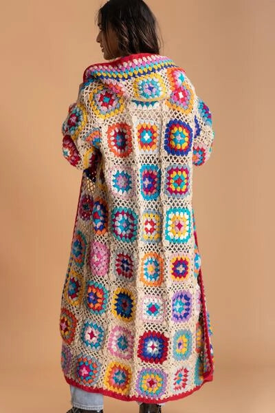 Crochet Wool Hooded Kimono - Beige/Multi - Handmade