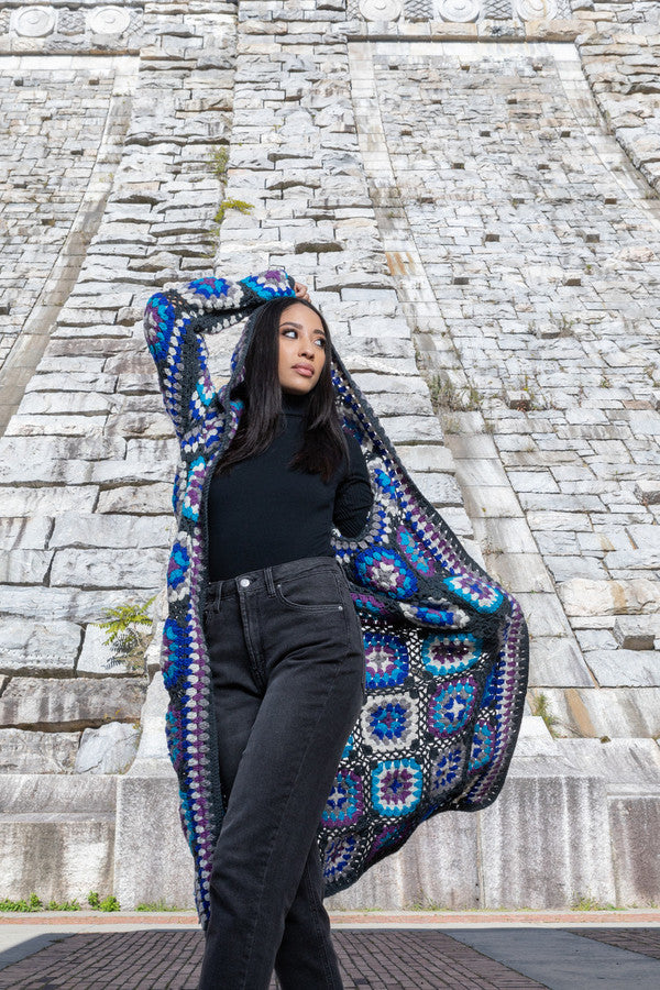 Crochet Wool Hooded Kimono - Olive/Blue/Multi - Handmade