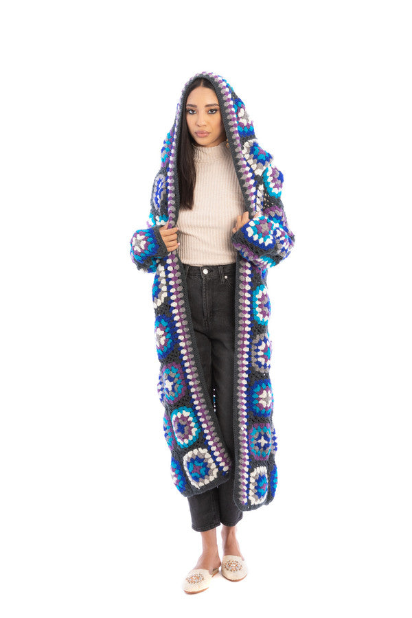 Crochet Wool Hooded Kimono - Olive/Blue/Multi - Handmade