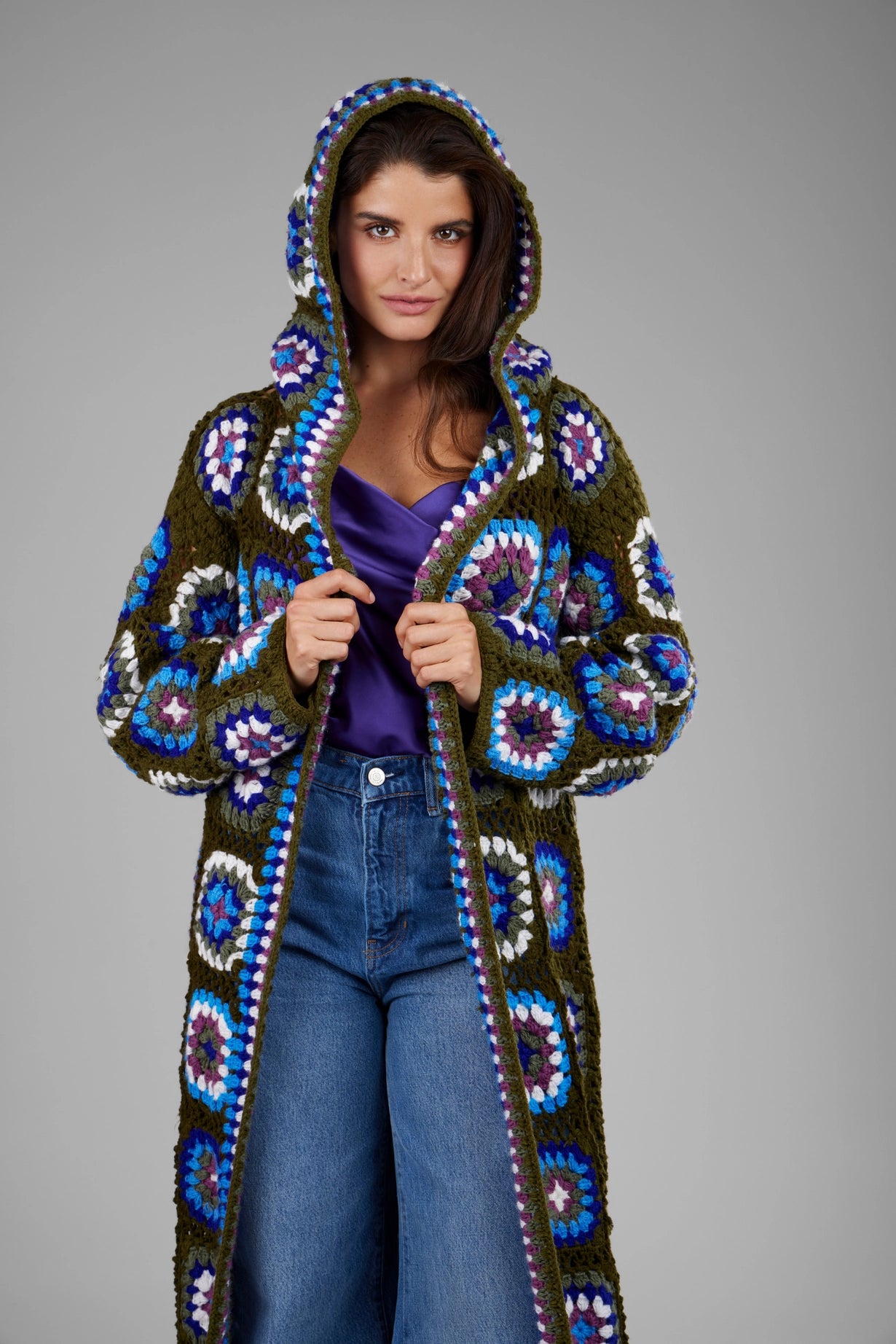 Crochet Wool Hooded Kimono - Olive/Blue/Multi - Handmade