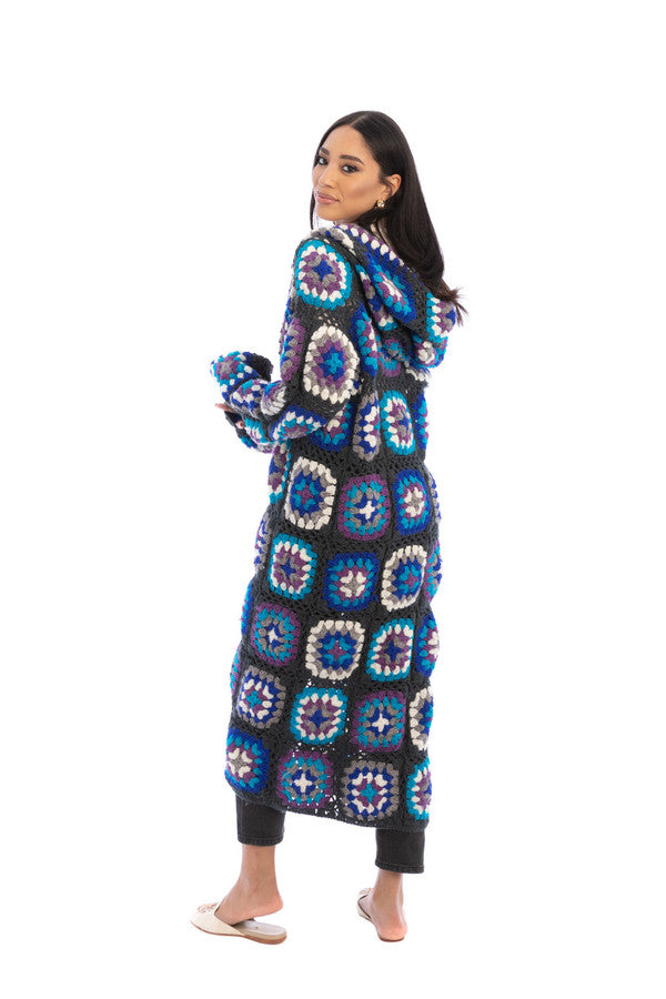 Crochet Wool Hooded Kimono - Olive/Blue/Multi - Handmade