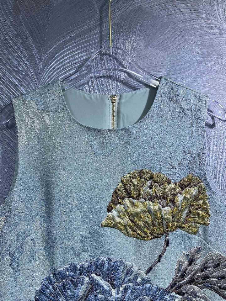 Elegant Floral Hand-Beaded Jacquard A-Line Dress