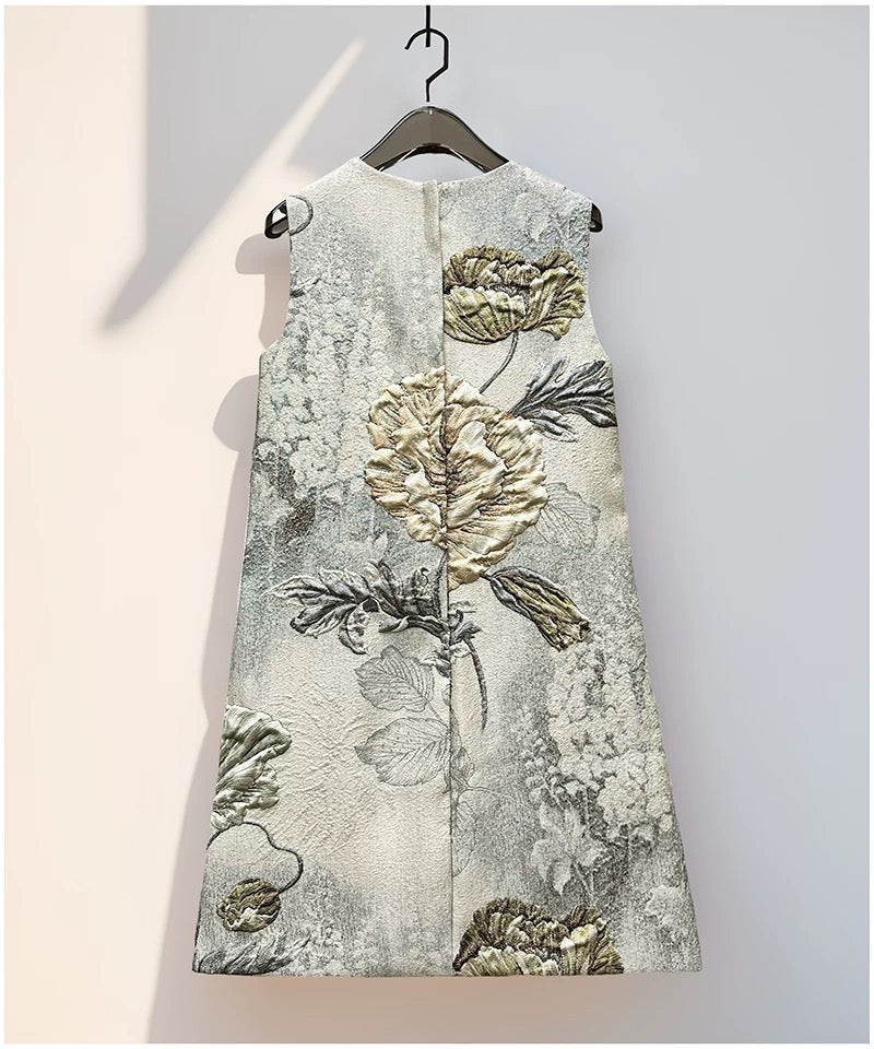 Elegant Floral Hand-Beaded Jacquard A-Line Dress