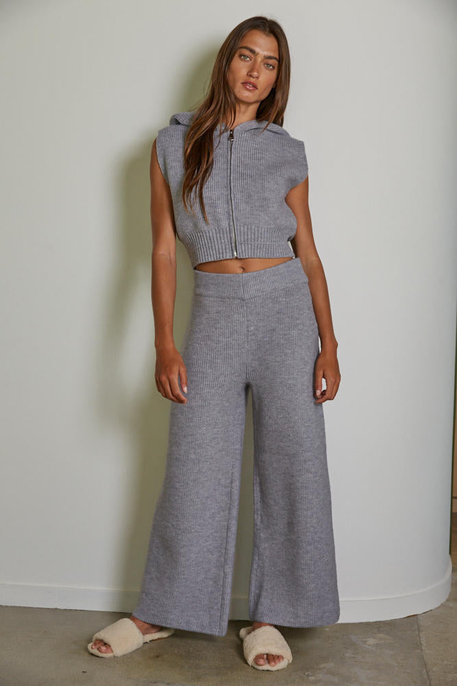 Knit Hoodie Vest and Wide Leg Pants