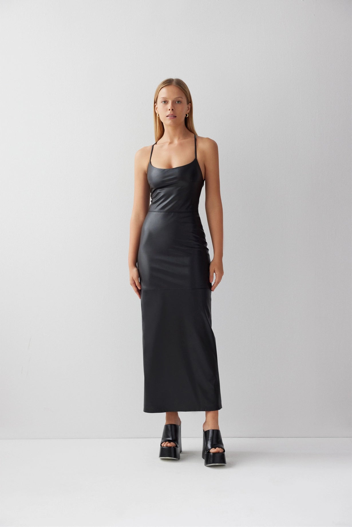 Faux Leather Strappy Maxi Dress
