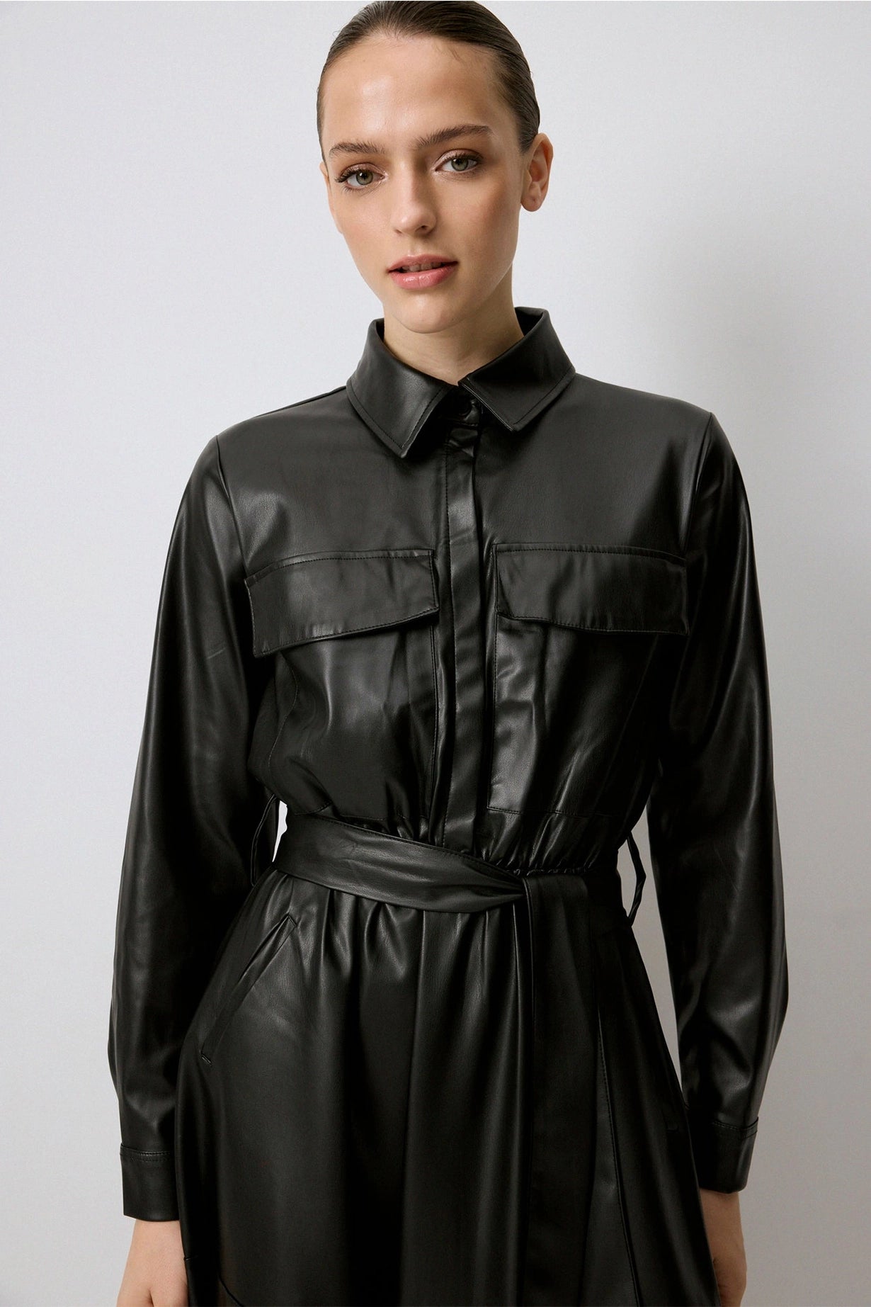 Faux Leather Shirt Dress