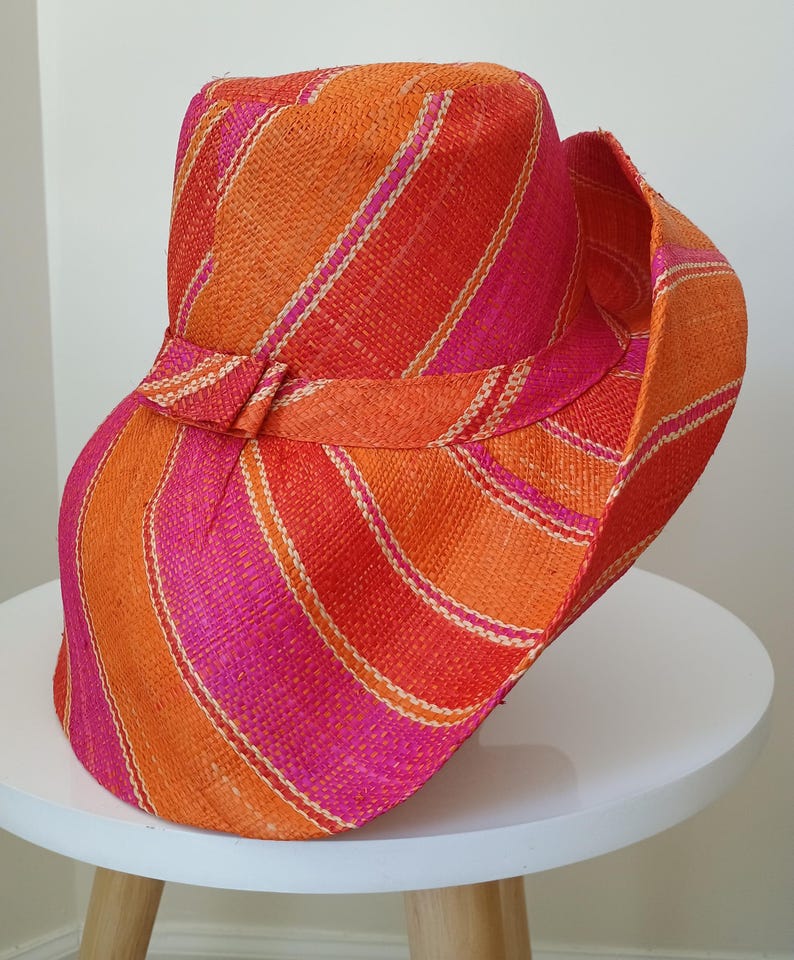 Raffia Straw Lightweight Sun Hat - Orange/Pink