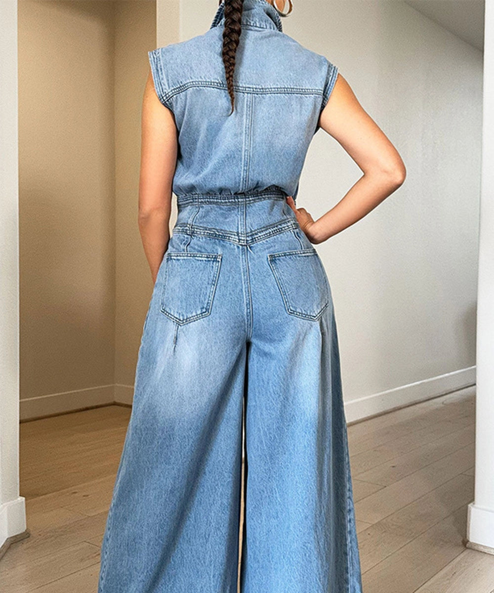 Washed Denim Wide Leg Jumpsuit (Plus Sizes Available)