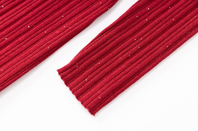 Red V-Neck Sequin Ribbed Midi Dress