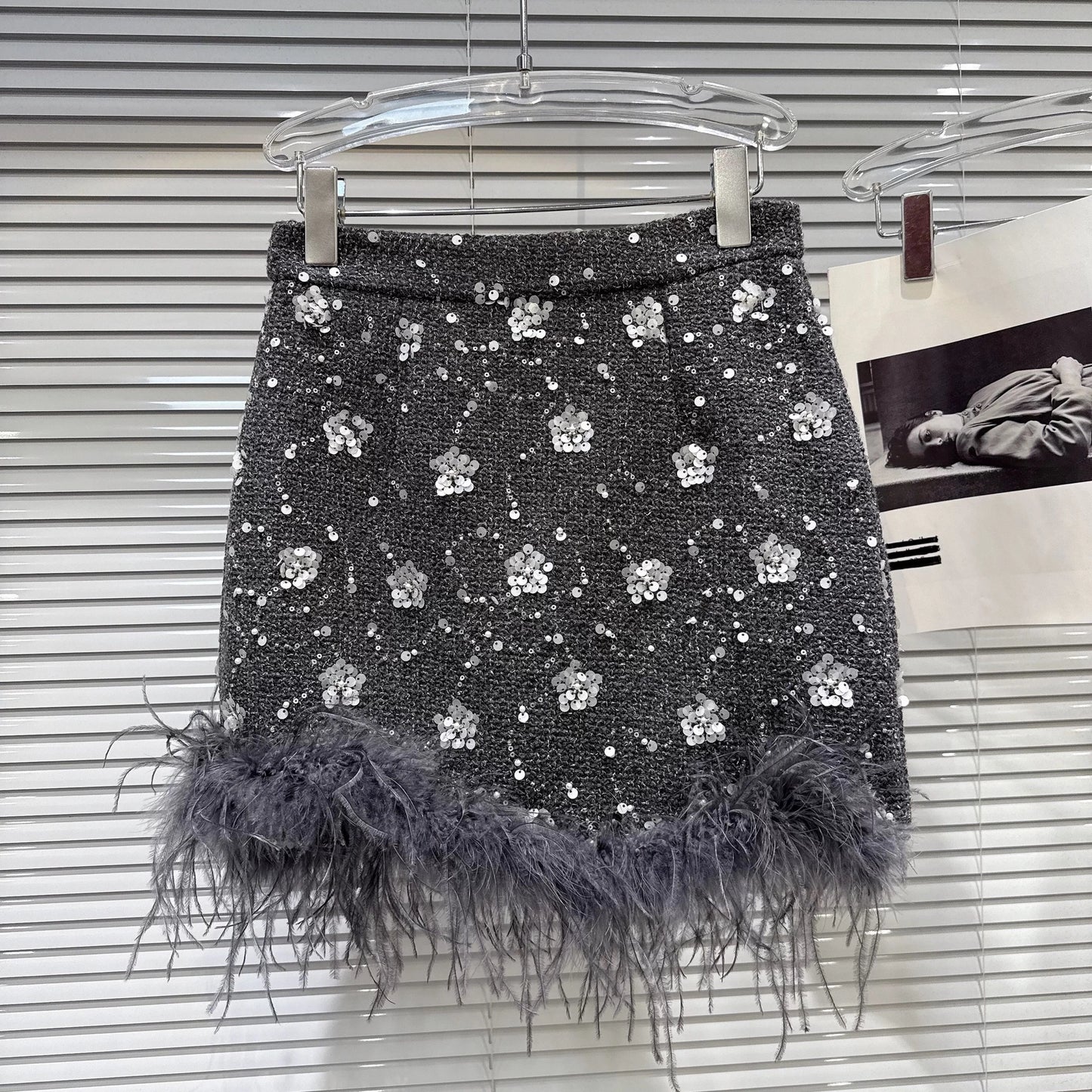 Sequin Down Jacket and Skirt w/Feathers