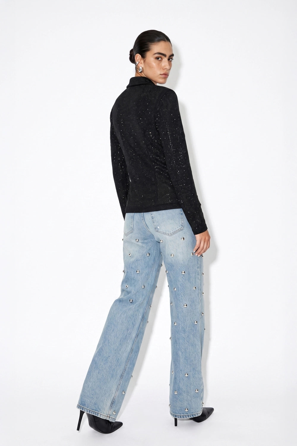 Rhinestone Embellished Mock Neck Top