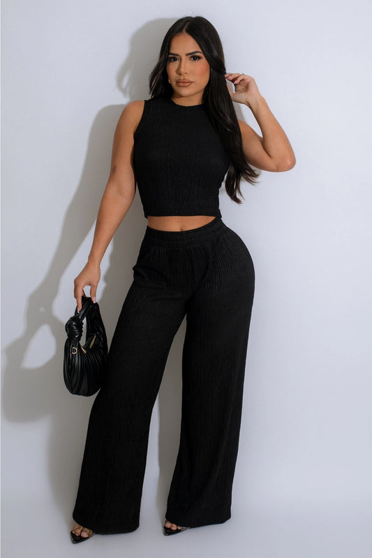 Textured Crop Top & Pants Set - Black