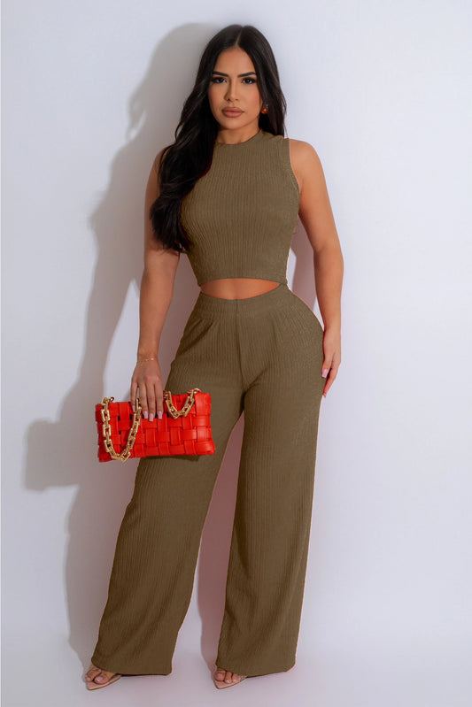 Textured Crop Top & Pants Set - Cocoa