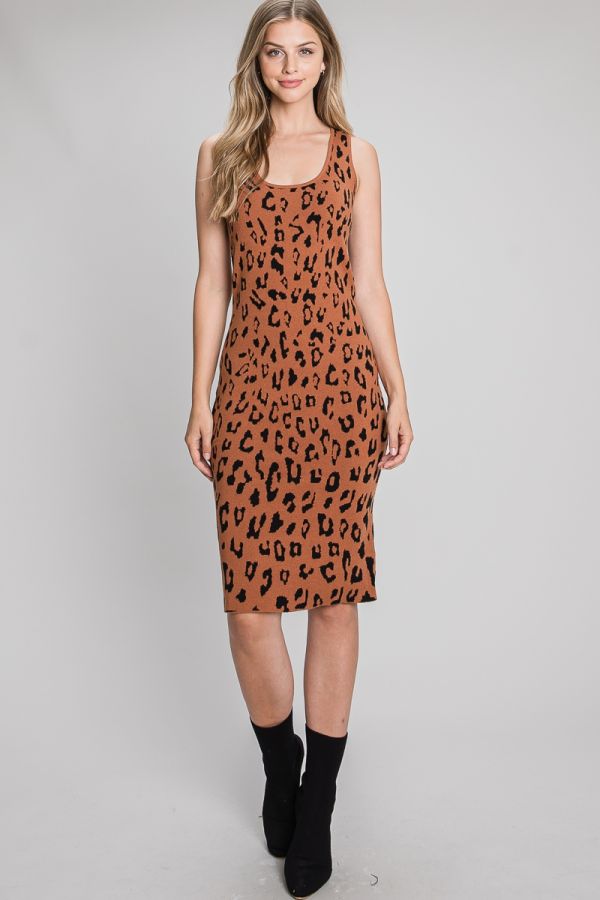 Animal Print Knit Midi Dress - Cognac/Black