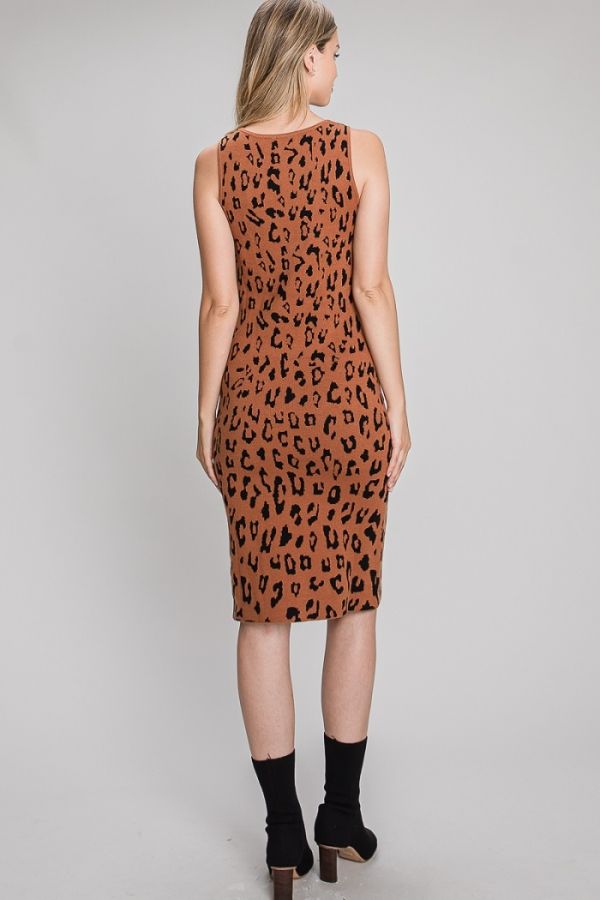 Animal Print Knit Midi Dress - Cognac/Black