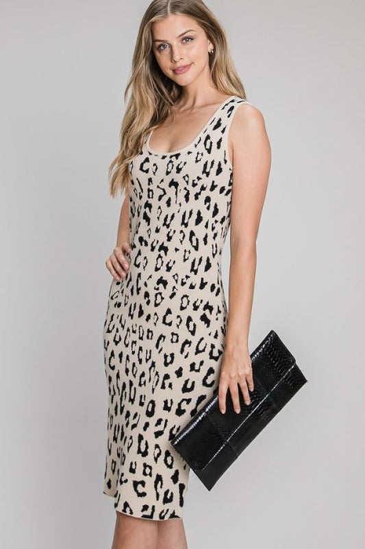 Animal Print Knit Midi Dress - Ivory/Black