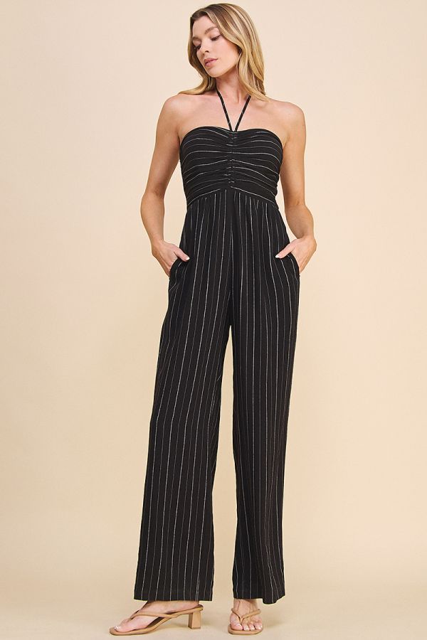 Halter-Tie Ruched Striped Jumpsuit