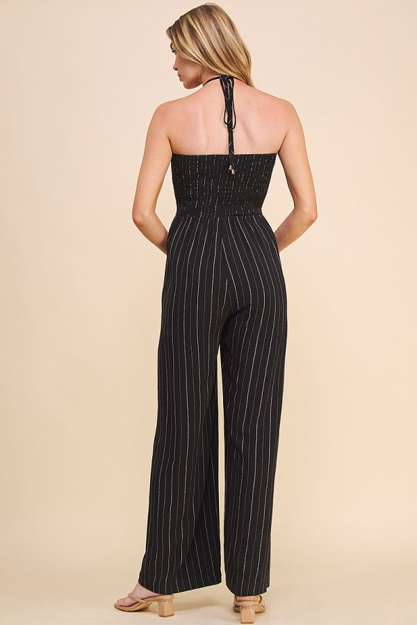 Halter-Tie Ruched Striped Jumpsuit