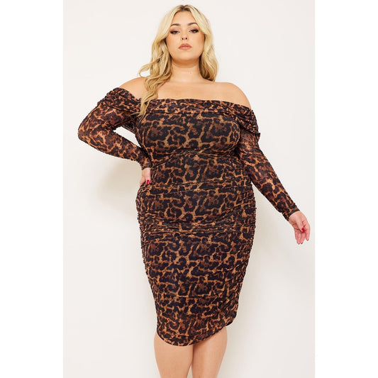 Leopard Print Off-Shoulder Dress with Rhinestone