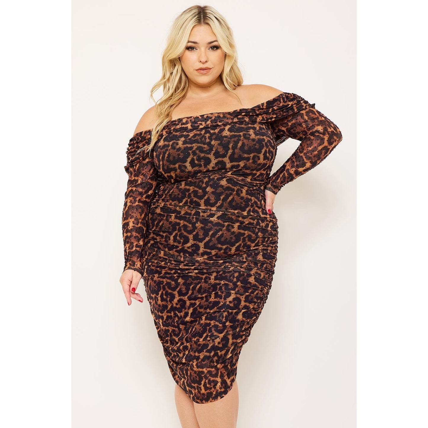 Leopard Print Off-Shoulder Dress with Rhinestone