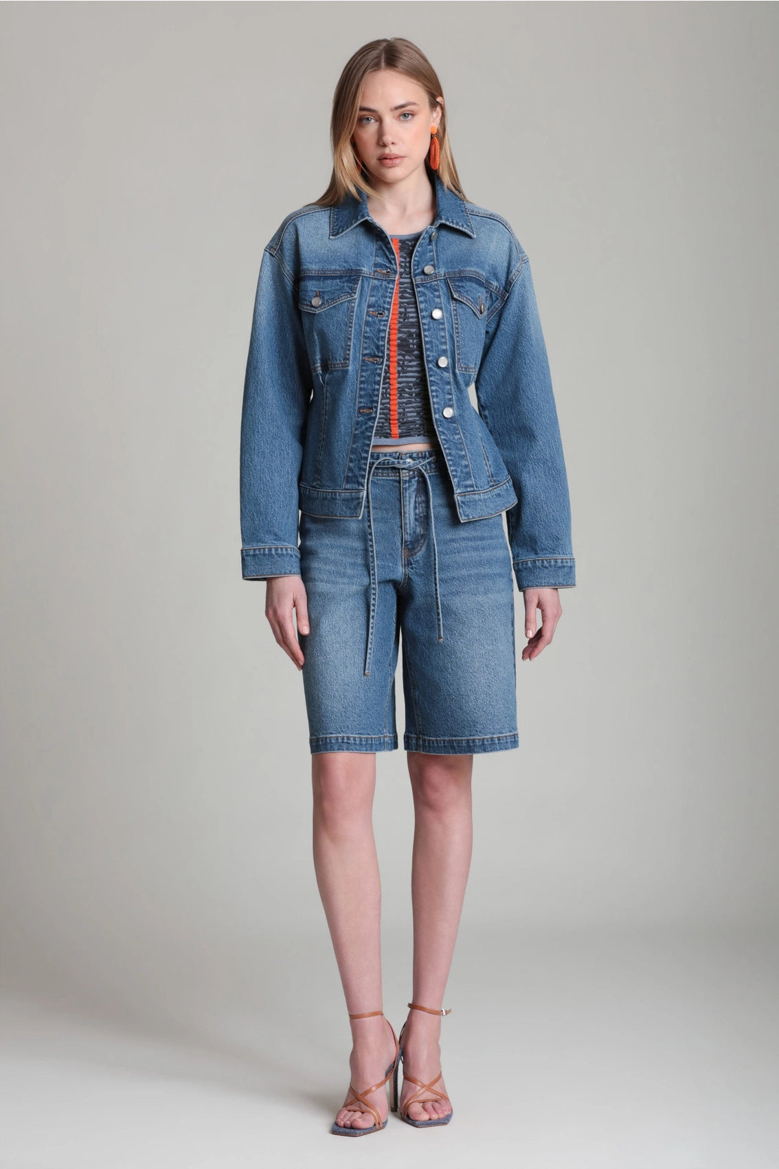 Cinched Back Belted Denim Trucker Jacket