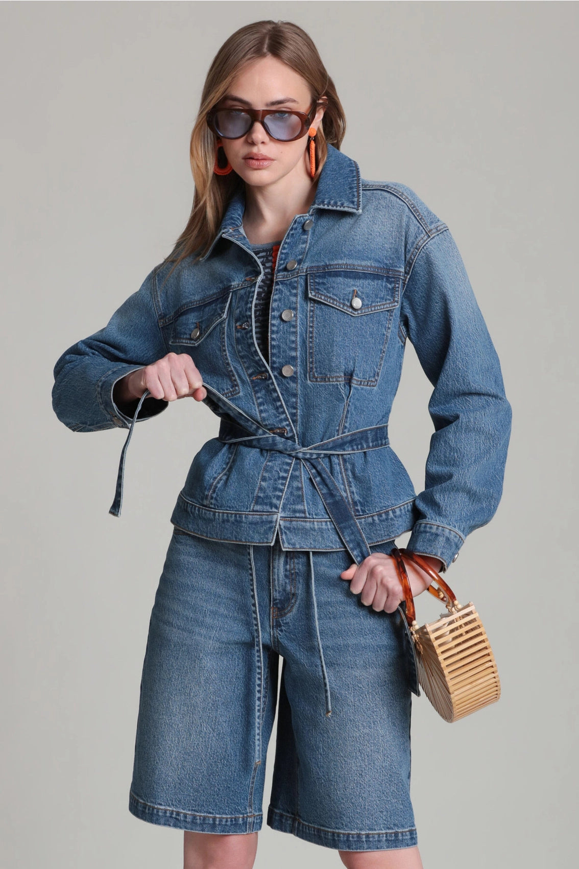 Cinched Back Belted Denim Trucker Jacket