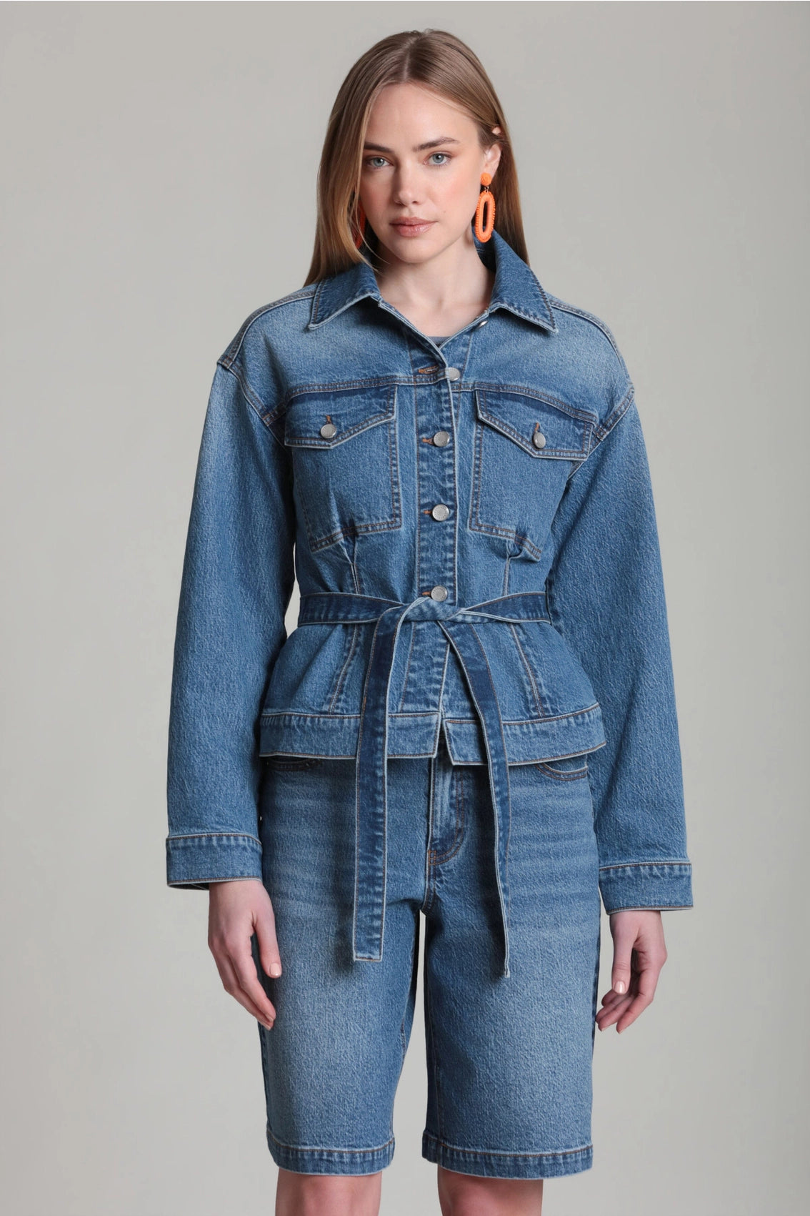 Cinched Back Belted Denim Trucker Jacket