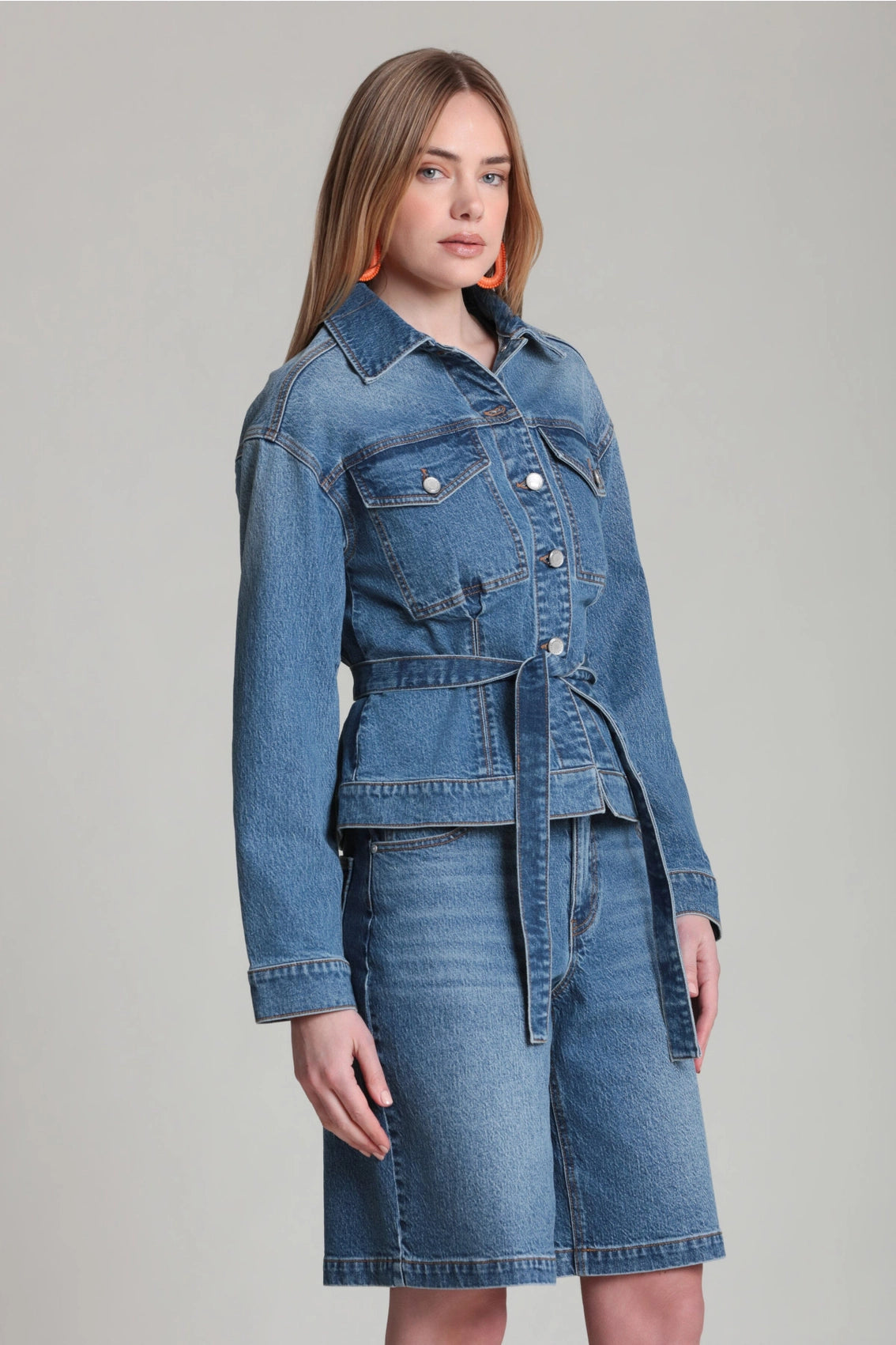 Cinched Back Belted Denim Trucker Jacket