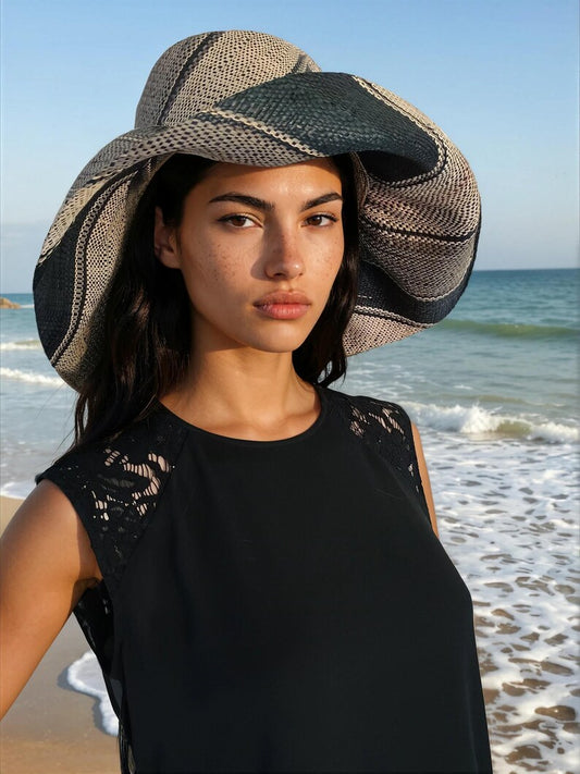Raffia Straw Lightweight Sun Hat - Black/Beige