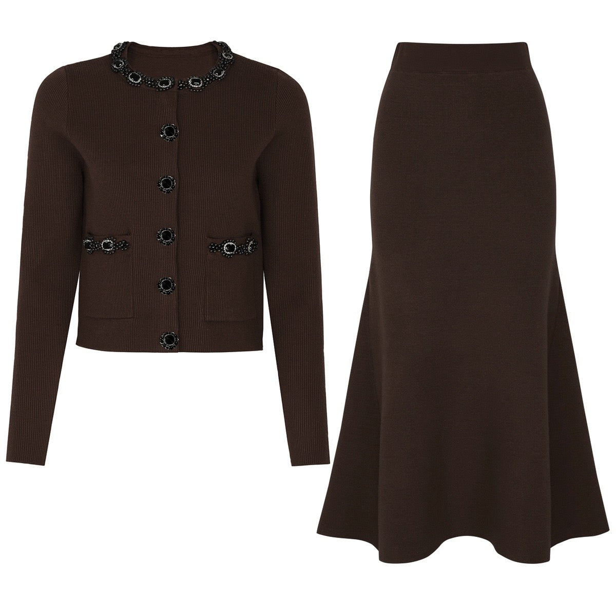 Beaded Knit Cardigan and Skirt Set (2 Colors)