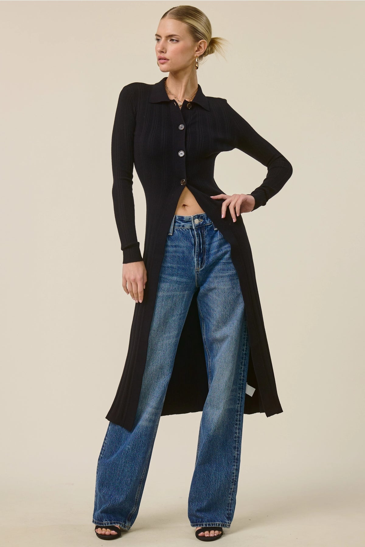 Collared Ribbed Knit Duster Cardigan