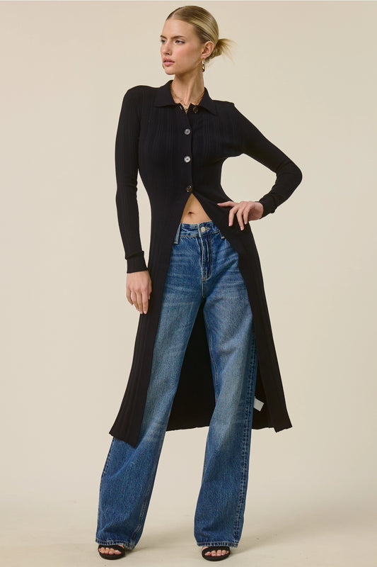 Collared Ribbed Knit Duster Cardigan