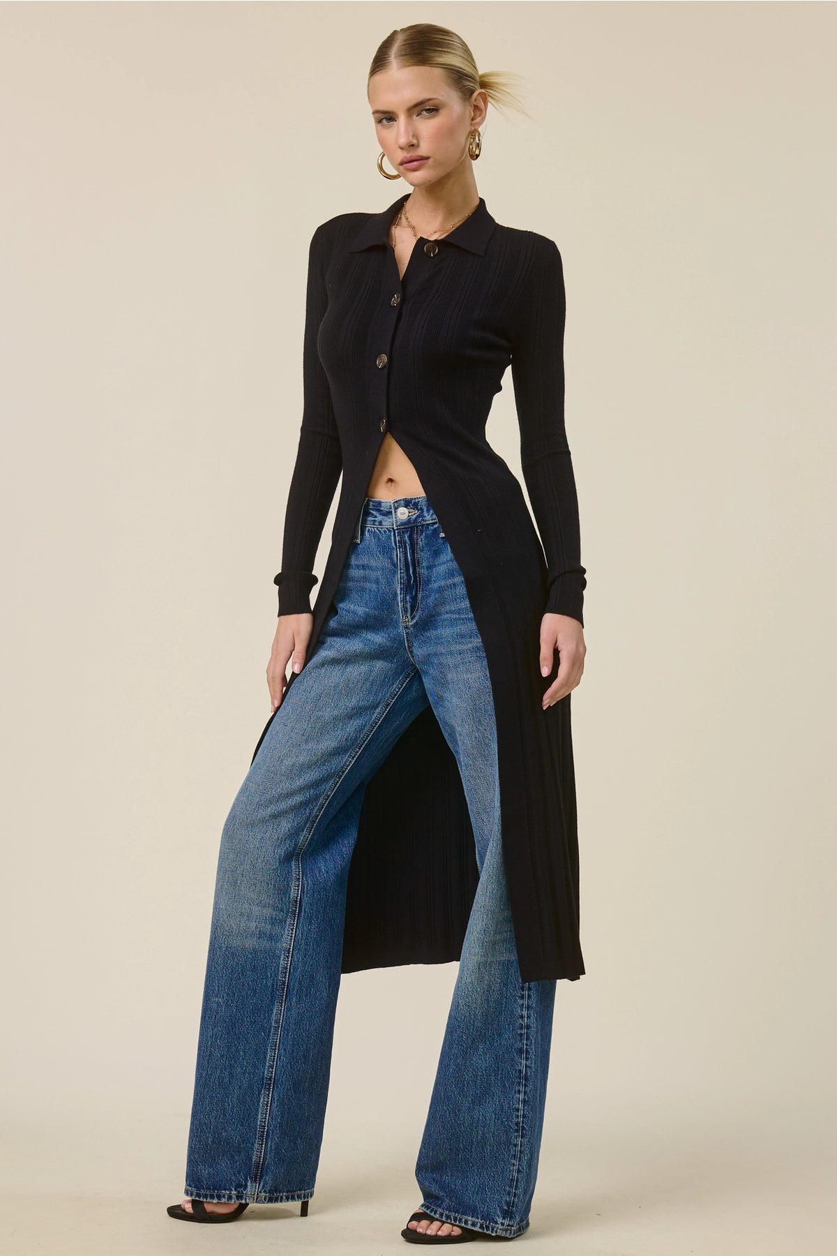 Collared Ribbed Knit Duster Cardigan