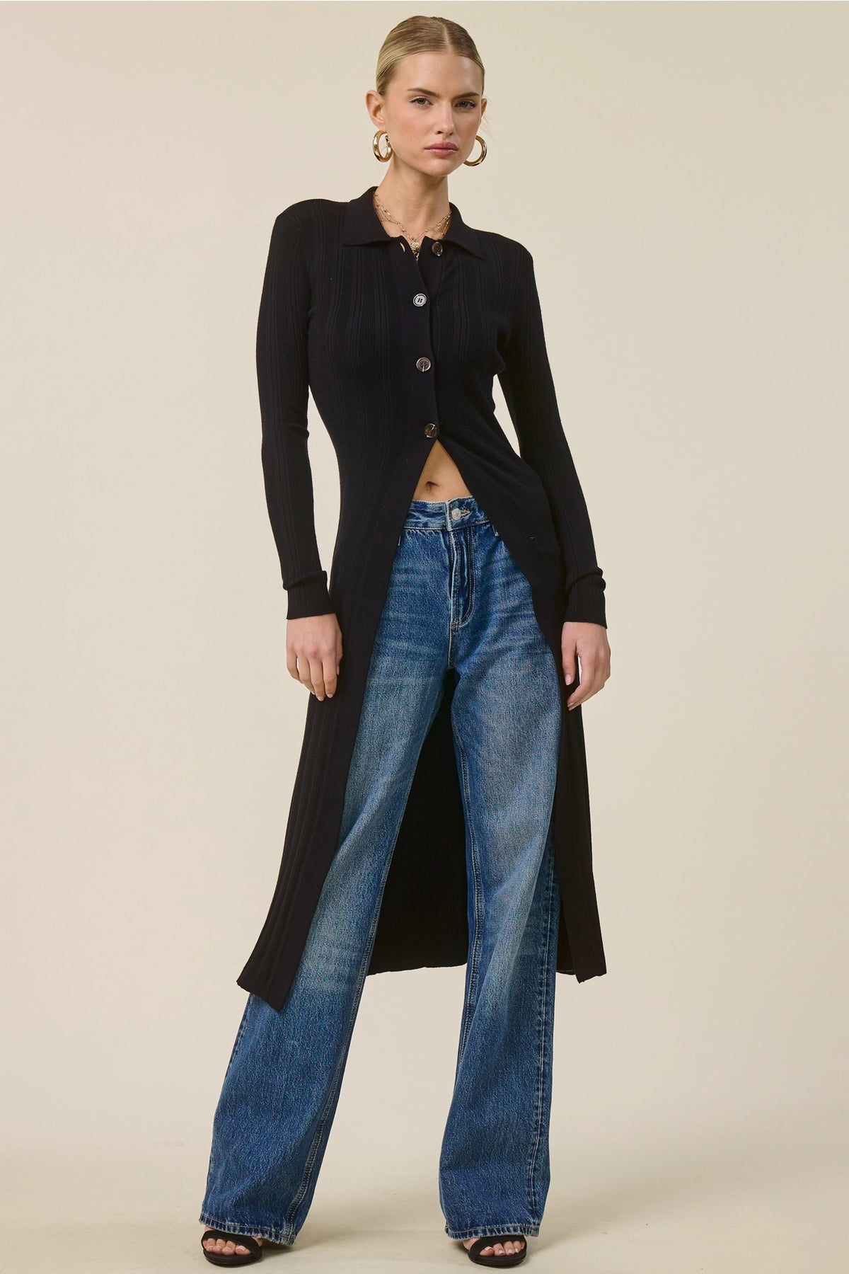 Collared Ribbed Knit Duster Cardigan