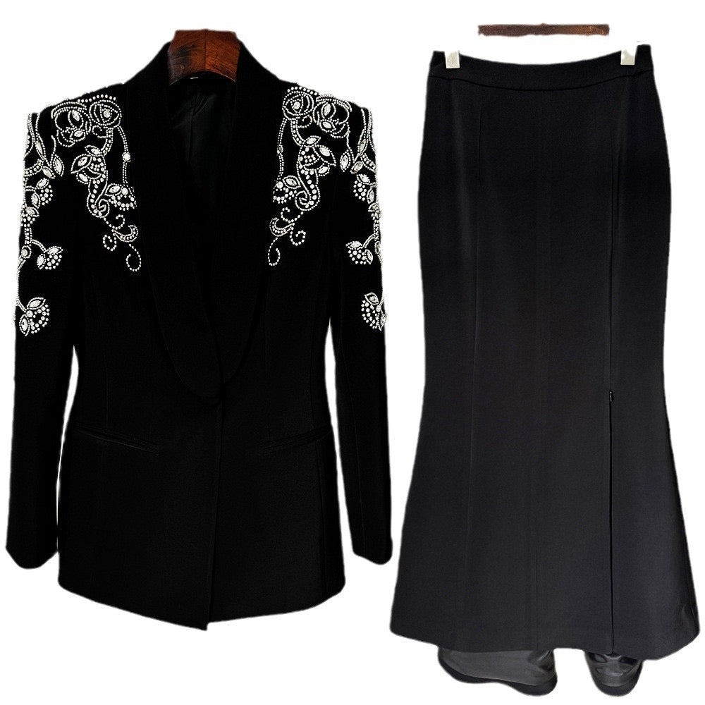 Hand-Embellished Beaded Suit Jacket with Slit Skirt