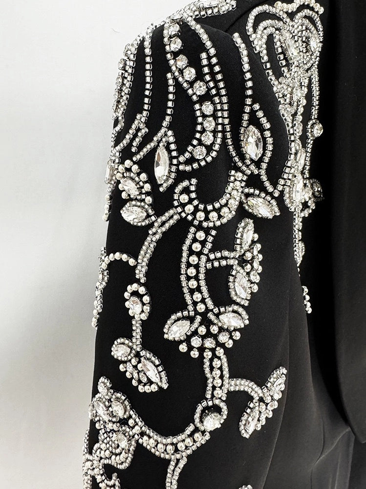 Hand-Embellished Beaded Suit Jacket with Slit Skirt
