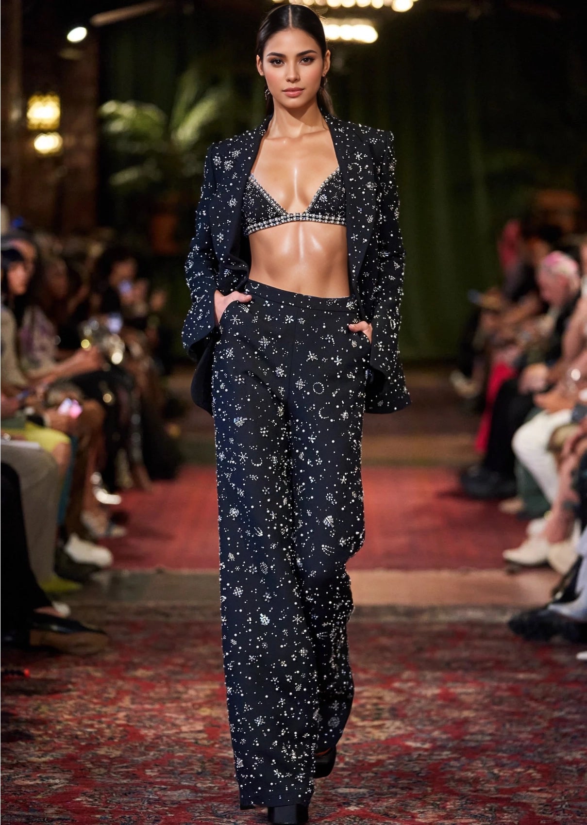 Rhinestone-embellished Elegant Pantsuit