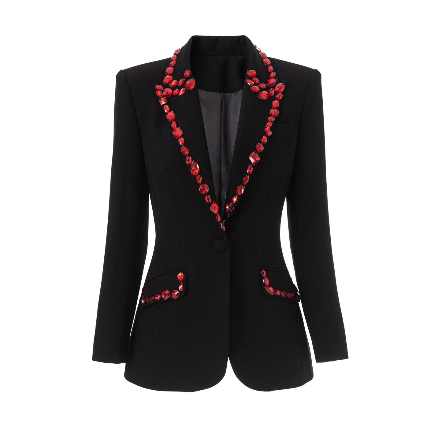 Slim Fit Black Suit Jacket w/Red Handsewn Jewels