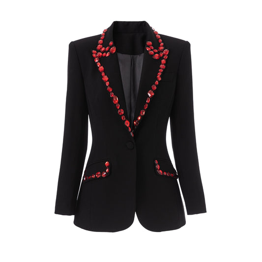 Slim Fit Black Suit Jacket w/Red Handsewn Jewels