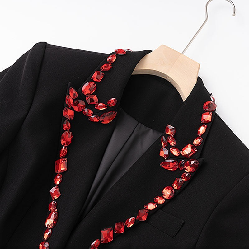 Slim Fit Black Suit Jacket w/Red Handsewn Jewels