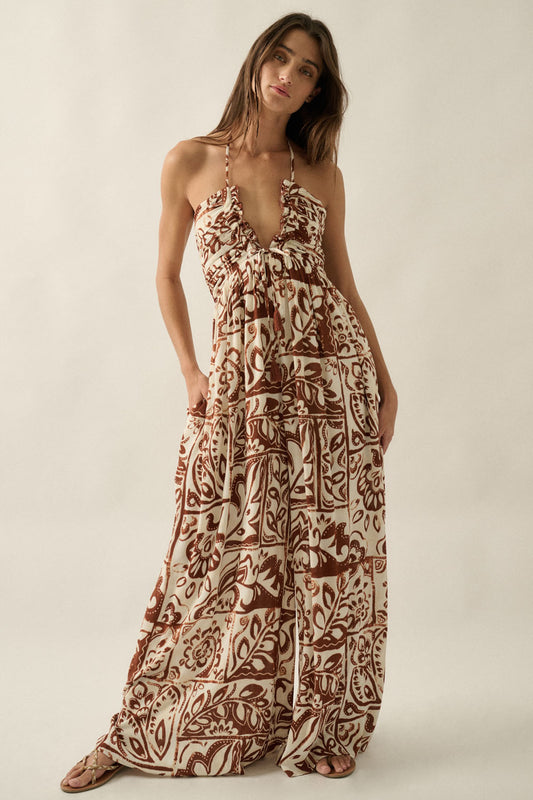 Abstract Floral-Print Wide-Leg Tie-Back Halter Jumpsuit