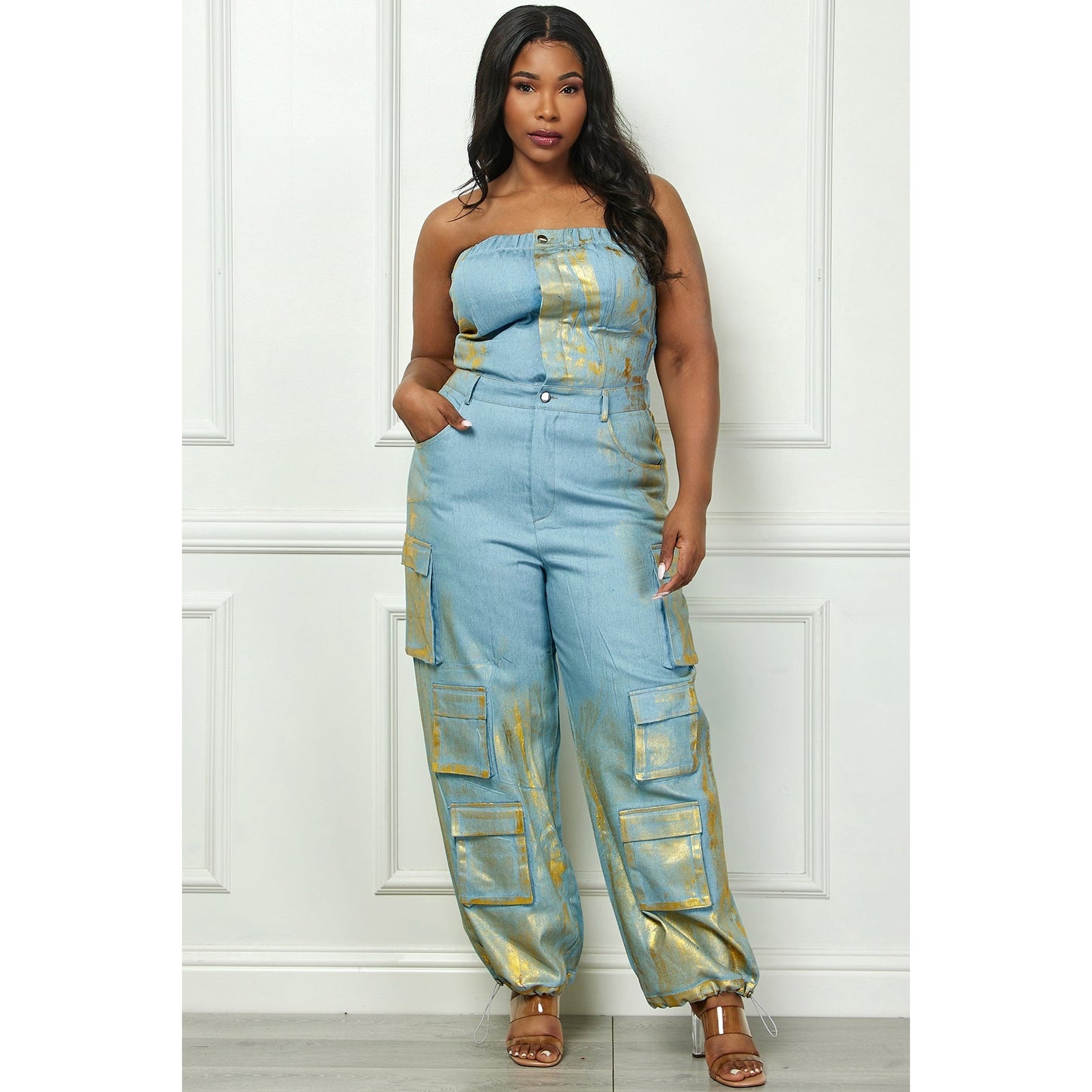 Foil Vintage Cargo Denim Jumpsuit (Plus Size)